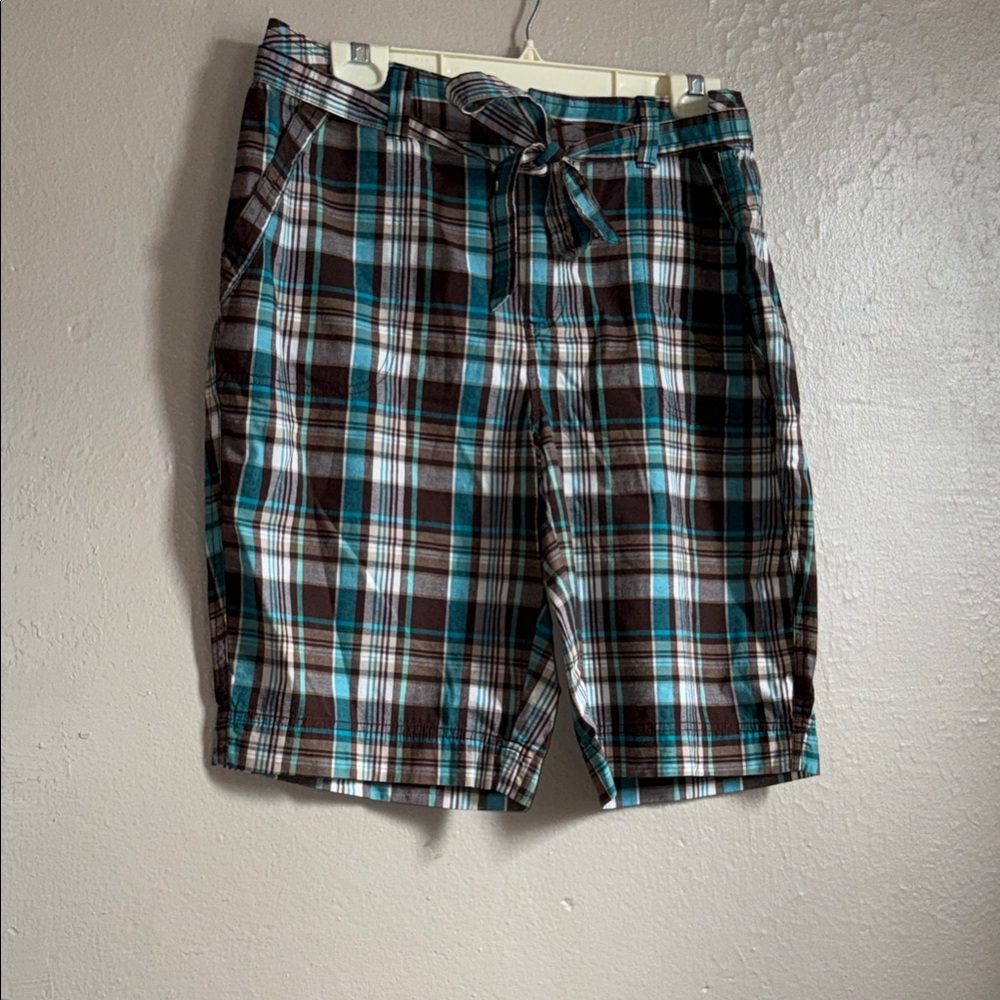 St. John's Bay Teal and Brown Plaid Swim Board Shorts